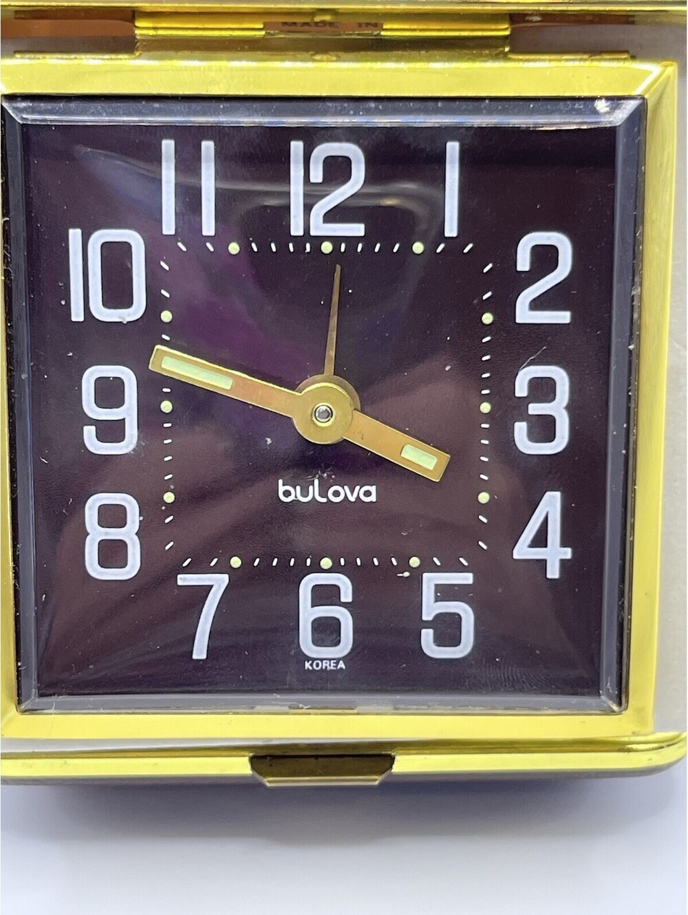 Vintage Bulova Key Wind Travel Alarm Clock Brown Case With Gold Trim 3172.2